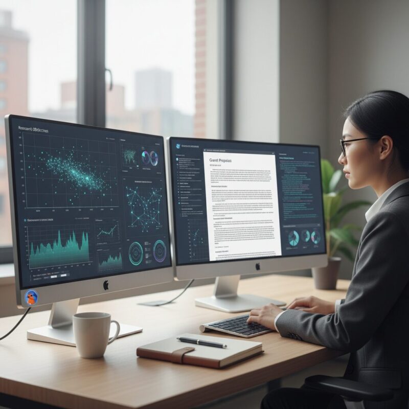 Professional using AI tools to draft a grant proposal on a dual-monitor setup
