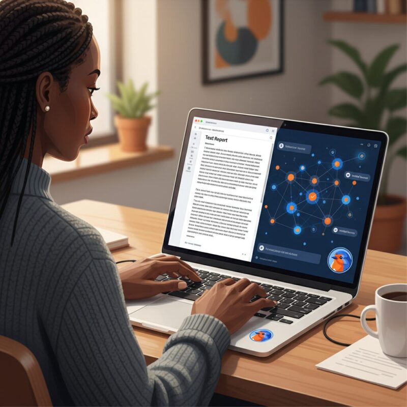 Professional using an AI grant writing assistant on a laptop