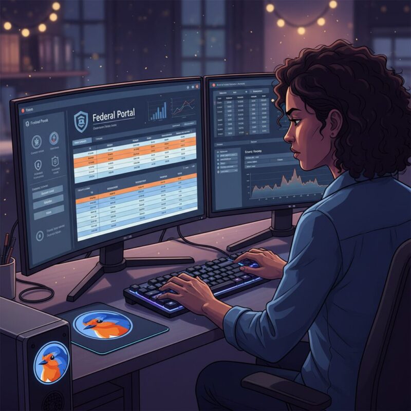 Professional working on complex federal grant compliance data