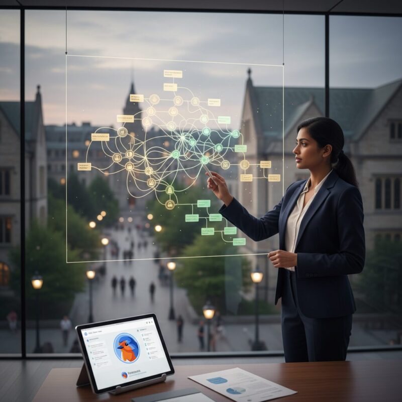 Research director analyzing an ethical AI decision tree on a glass board