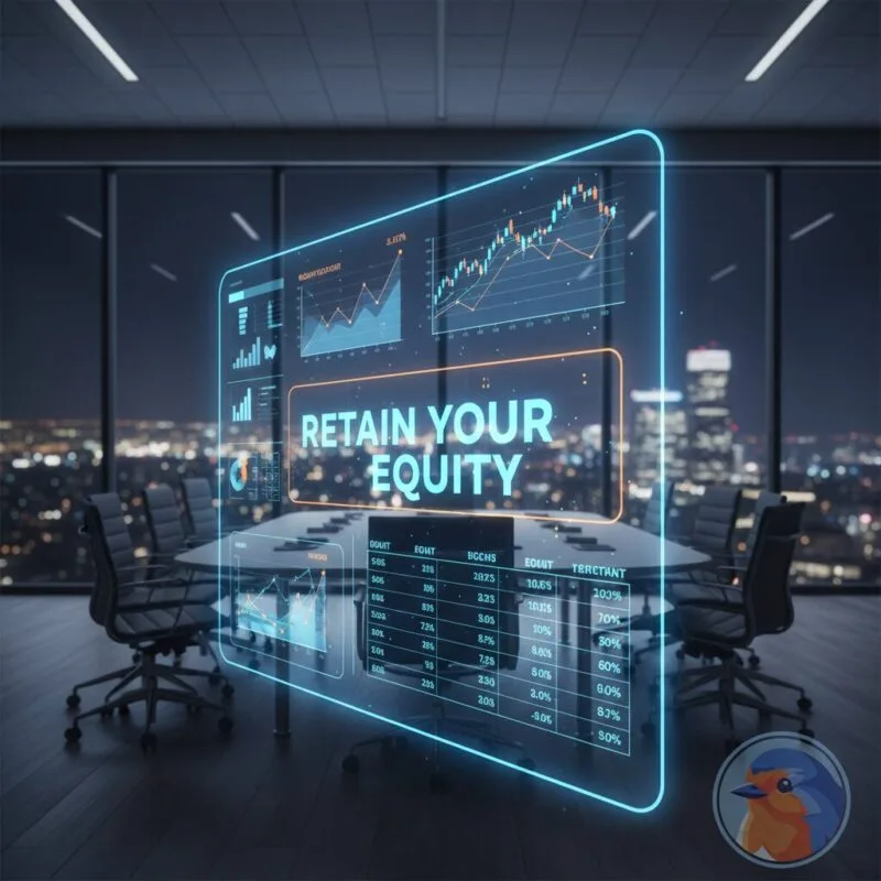 Retain Your Equity featured image with holographic financial data in a corporate boardroom