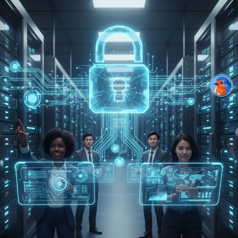 Secure digital padlock over a modern server environment representing nonprofit data security
