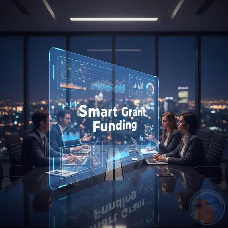 Smart Grant Funding featured image showing holographic financial charts in a modern boardroom