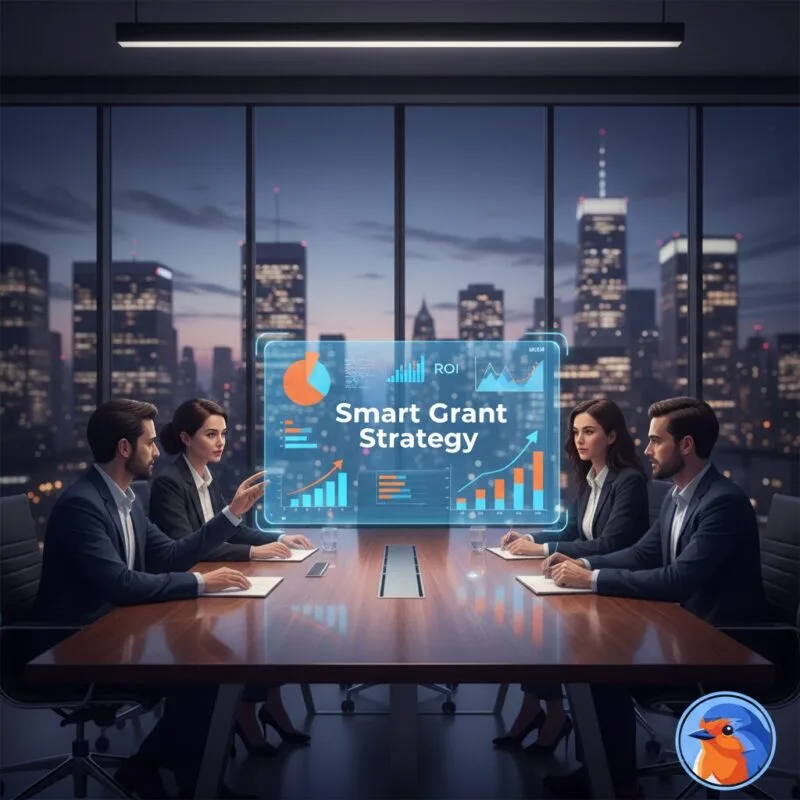 Smart Grant Strategy holographic dashboard hovering over a modern conference table