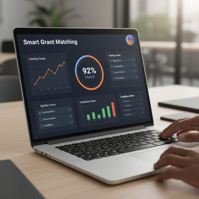 Software dashboard showing a 92 percent smart grant match score for an NGO