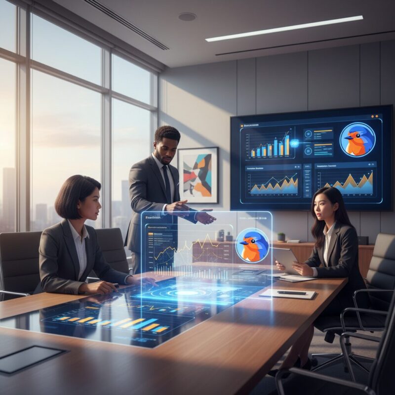 Startup founders reviewing financial models in a modern boardroom