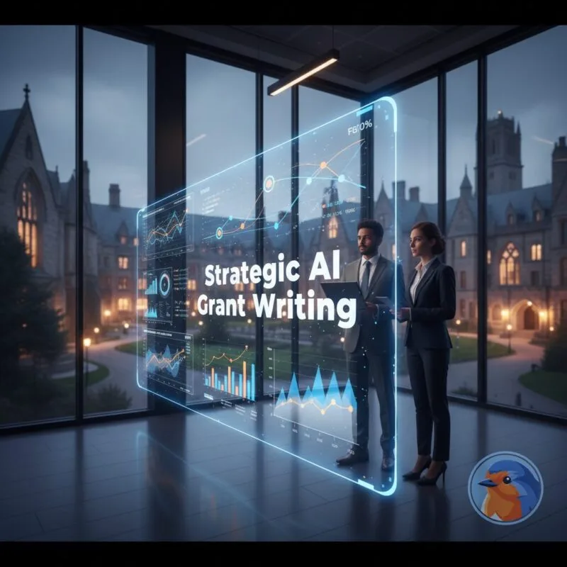 Strategic AI Grant Writing featured image with glowing digital data overlays and historic campus background