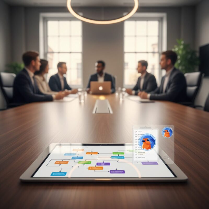 Tablet displaying automated workflow flowcharts in a modern meeting room