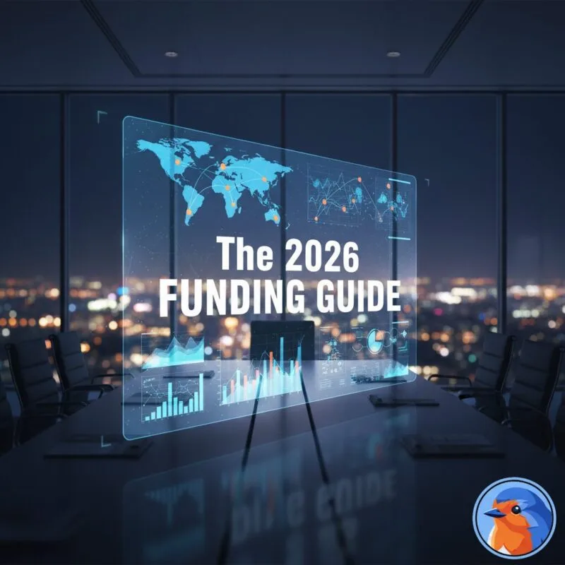 The 2026 Funding Guide text on a holographic display in a modern boardroom