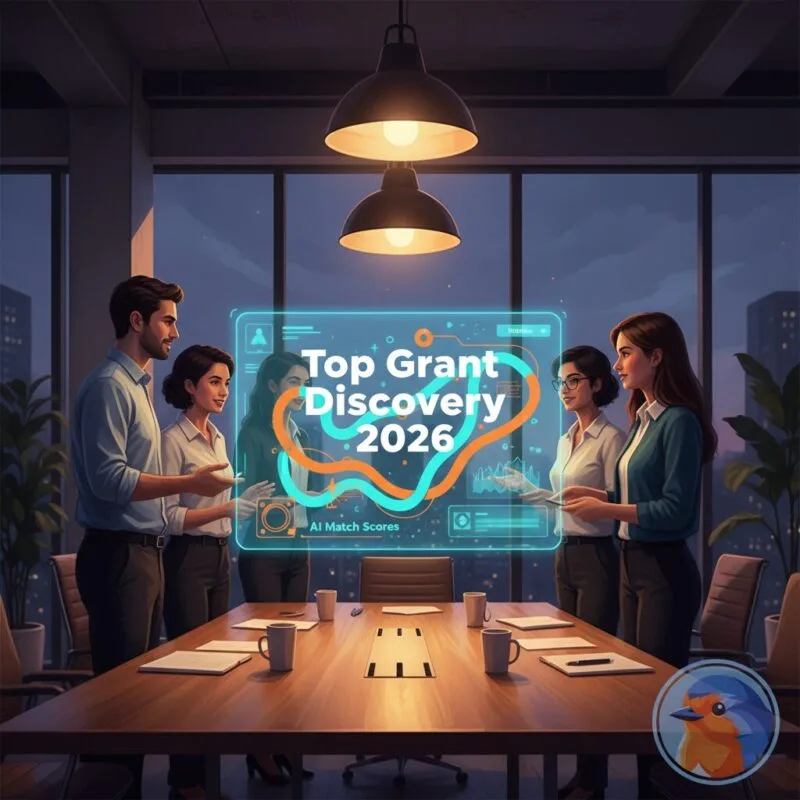 Top Grant Discovery 2026 featured image showing holographic funding data in a modern office