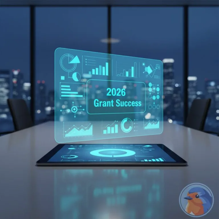 2026 Grant Success featured image with holographic social impact data charts in a modern boardroom