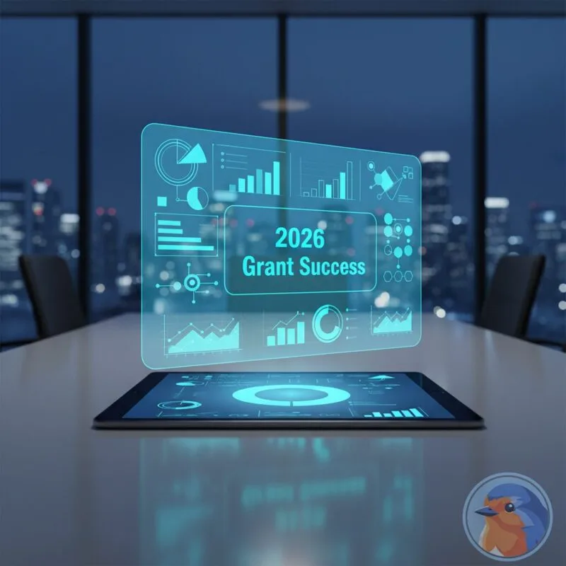 2026 Grant Success featured image with holographic social impact data charts in a modern boardroom