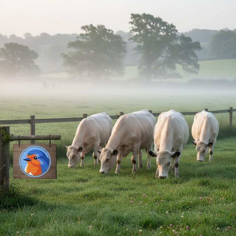 A rare park cattle breed grazing in a misty UK meadow at dawn