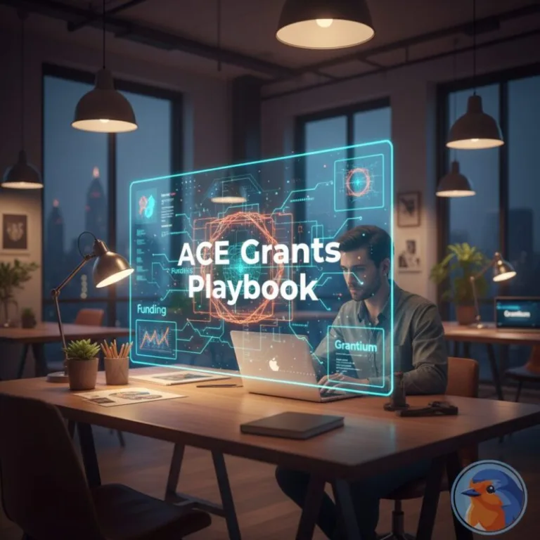 ACE Grants Playbook featured image with holographic data structures and creative office background