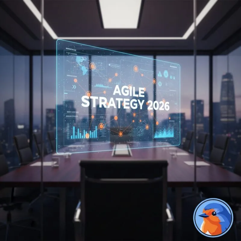 Agile Strategy 2026 featured image showing a modern boardroom with a glowing holographic data interface