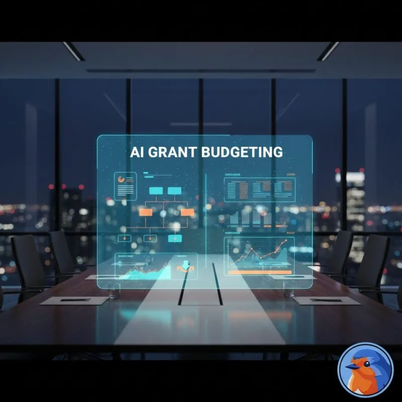 AI Grant Budgeting text overlaid on glowing holographic financial charts in a modern boardroom