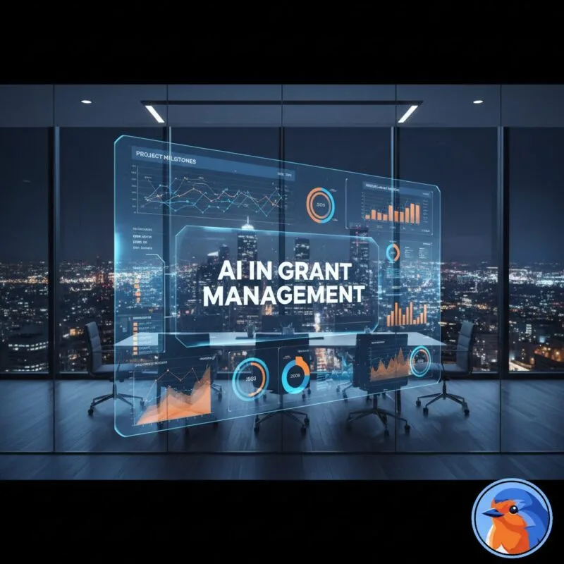 AI in Grant Management featured image with holographic data interface in a modern boardroom