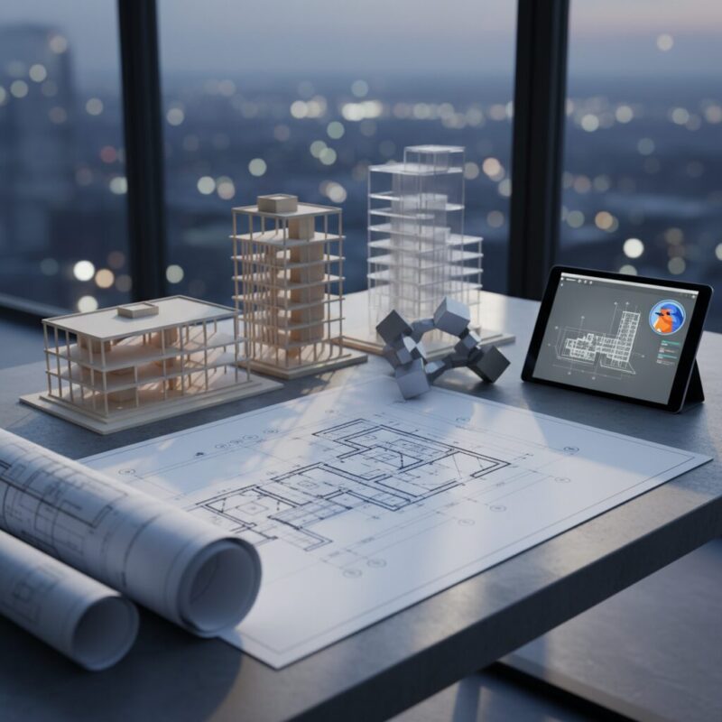 Architectural blueprints and structural models representing the 5 P's of Philanthropy framework