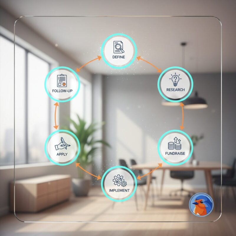 Architectural diagram showing the 6-step grant application workflow