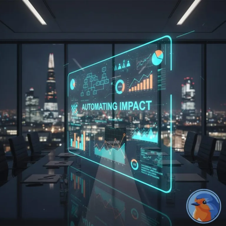 Automating Impact featured image showing holographic data dashboard in a corporate boardroom