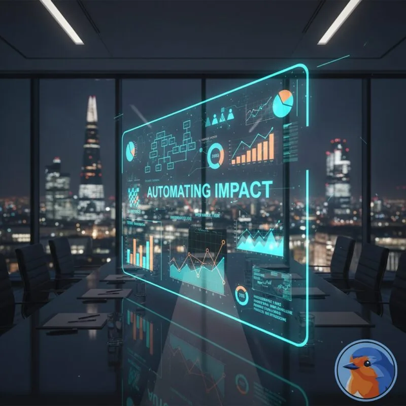 Automating Impact featured image showing holographic data dashboard in a corporate boardroom