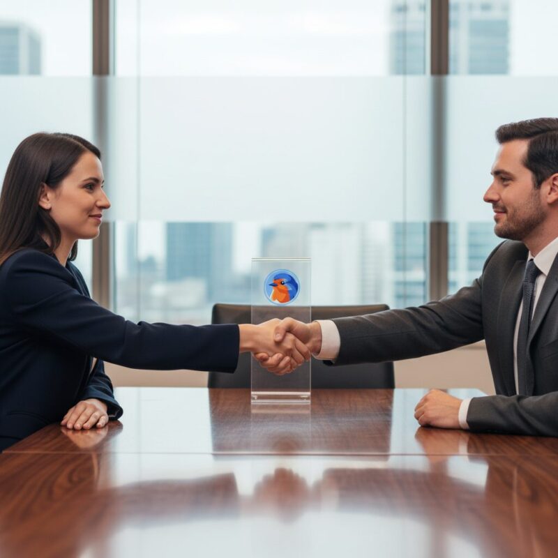 Charity leader and grant funder shaking hands across a conference table