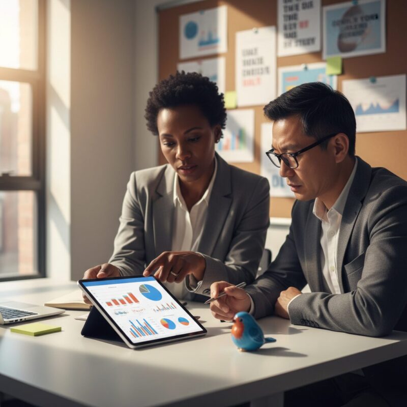 Charity leaders thoughtfully reviewing application data on a tablet