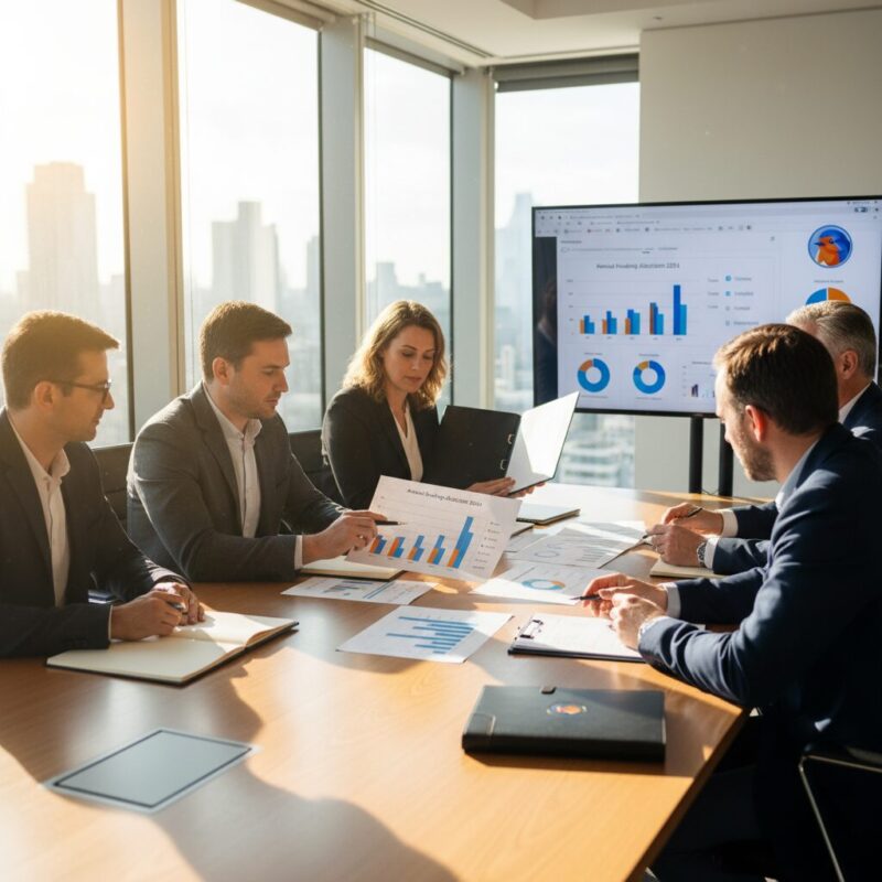 Charity trustees reviewing financial risk charts in a modern boardroom