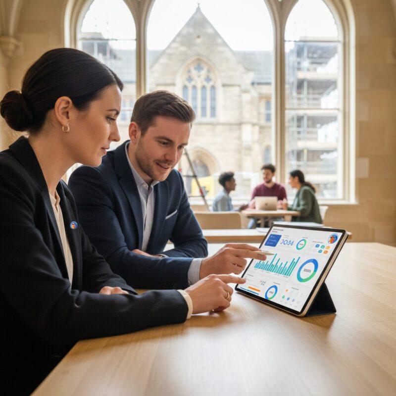 Charity workers reviewing impact metrics on a tablet dashboard