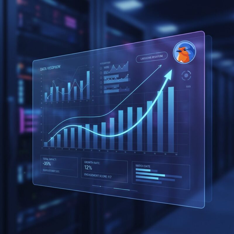 Clean data dashboard showing rising impact graphs in blue and purple tones