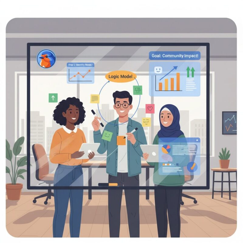 Collaborative team mapping out a logic model and needs assessment on a glass whiteboard with data overlays
