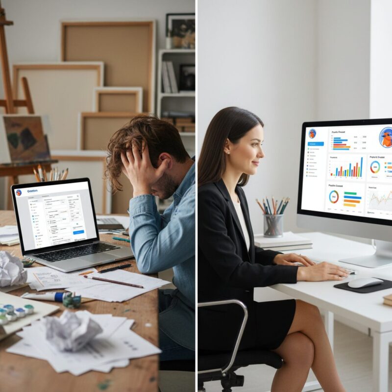 Comparison of manual grant writing frustration versus efficient digital dashboard management