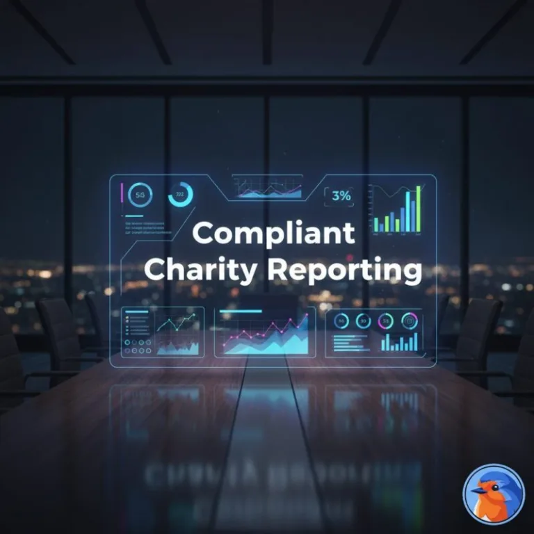 Compliant Charity Reporting holographic text over modern boardroom