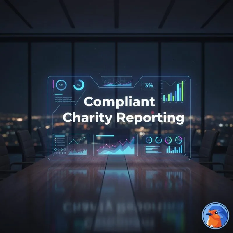 Compliant Charity Reporting holographic text over modern boardroom