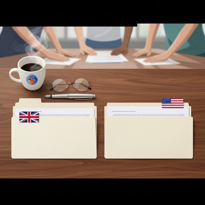 Desk with two organized folders representing UK and US compliance documents