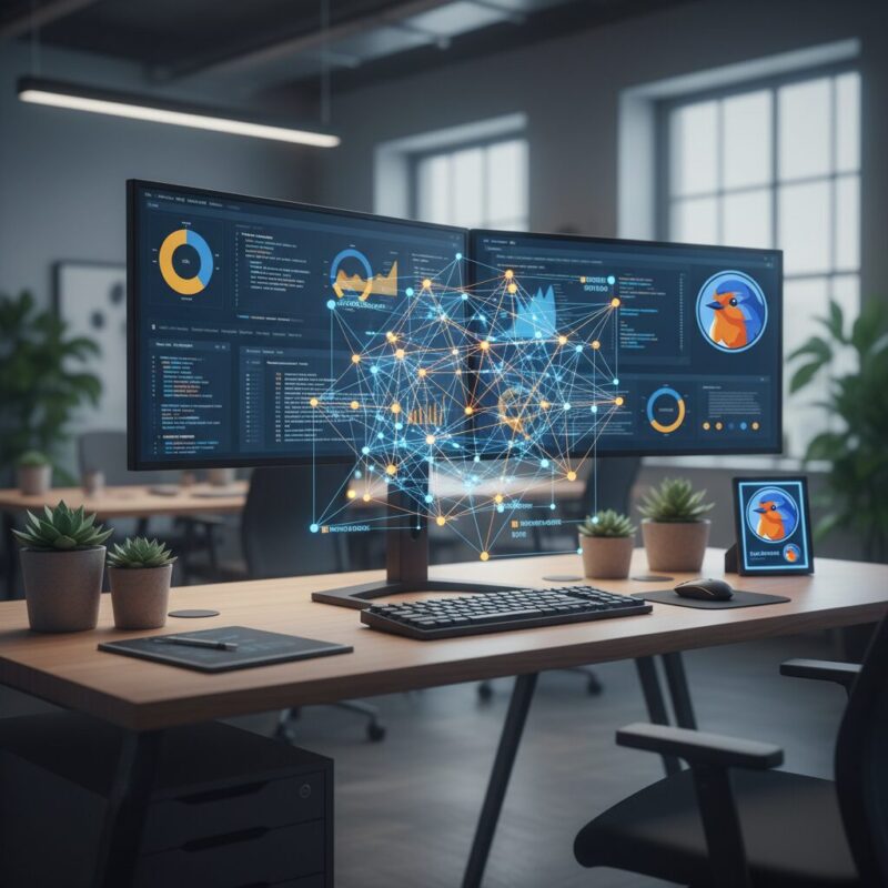 Developer workspace with holographic data translating social mission to commercial metrics