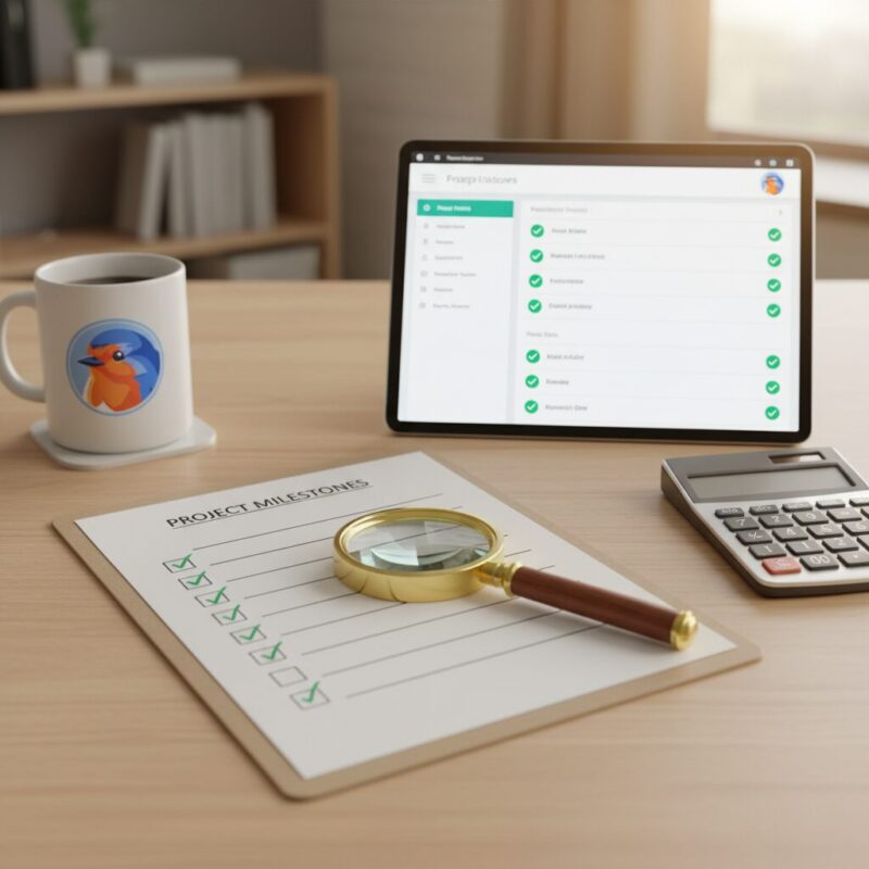 Digital compliance dashboard on a tablet resting on a wooden desk next to a calculator
