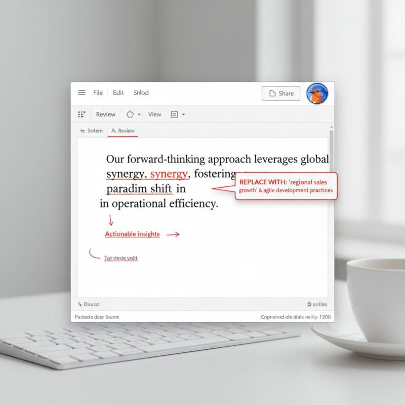 Digital document showing red-lined edits on corporate buzzwords in a grant proposal