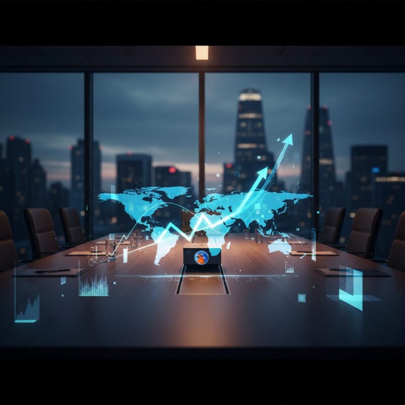 Digital map connecting London and New York above a modern boardroom table
