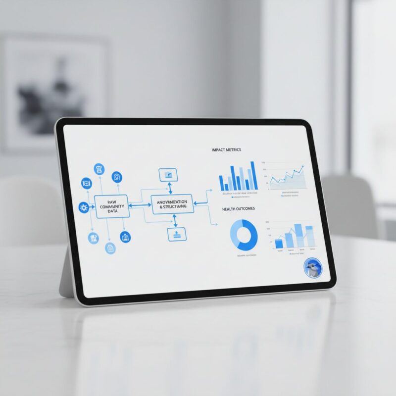 Digital tablet displaying a minimalist flowchart of nonprofit data architecture and anonymized impact metrics
