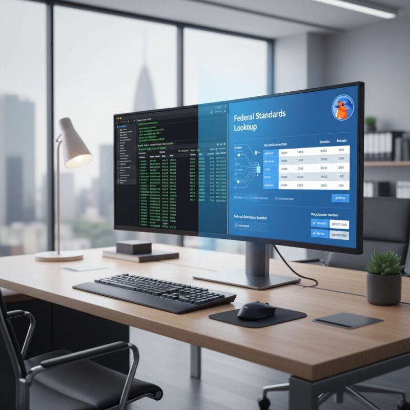 Digital transition concept showing data moving to a modern federal compliance interface