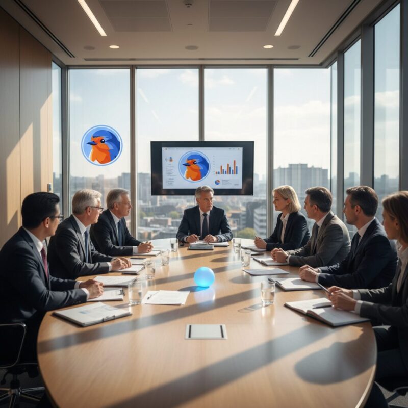 Diverse board of charity trustees discussing AI governance in a modern glass-walled meeting room