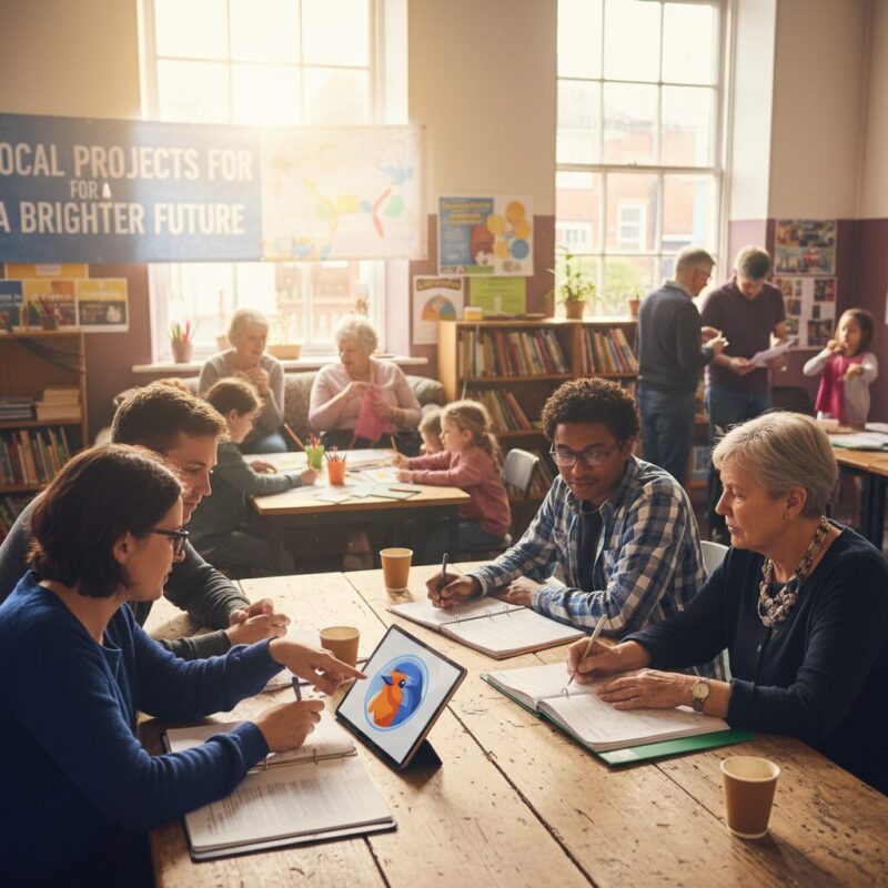 Diverse community volunteers in a UK suburban center collaborating on a National Lottery funding application