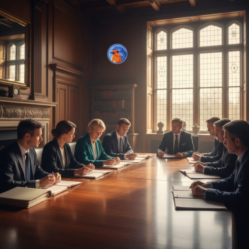 Diverse group of charity trustees discussing compliance documents in a historic UK boardroom