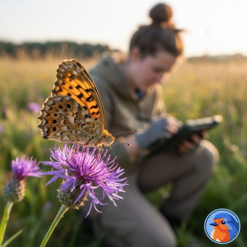 Ecologist recording field data near a rare UK butterfly on a wildflower