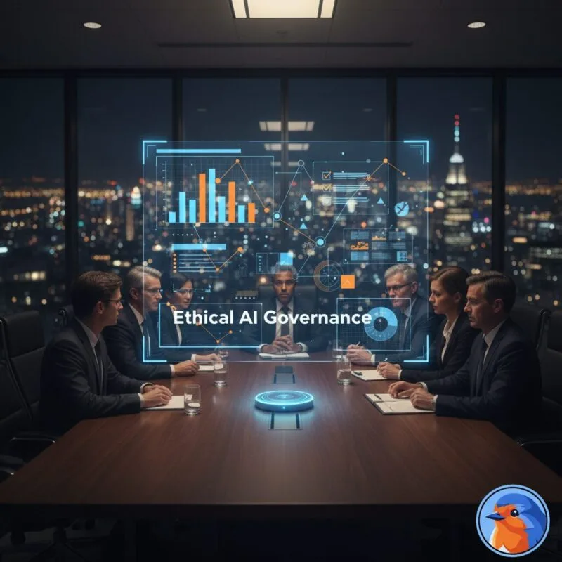 Ethical AI Governance featured image showing a modern boardroom with holographic compliance data