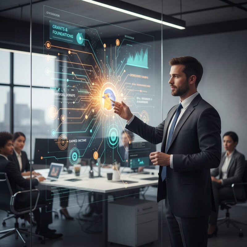 Executive presenting a diversified nonprofit revenue model on a glass whiteboard