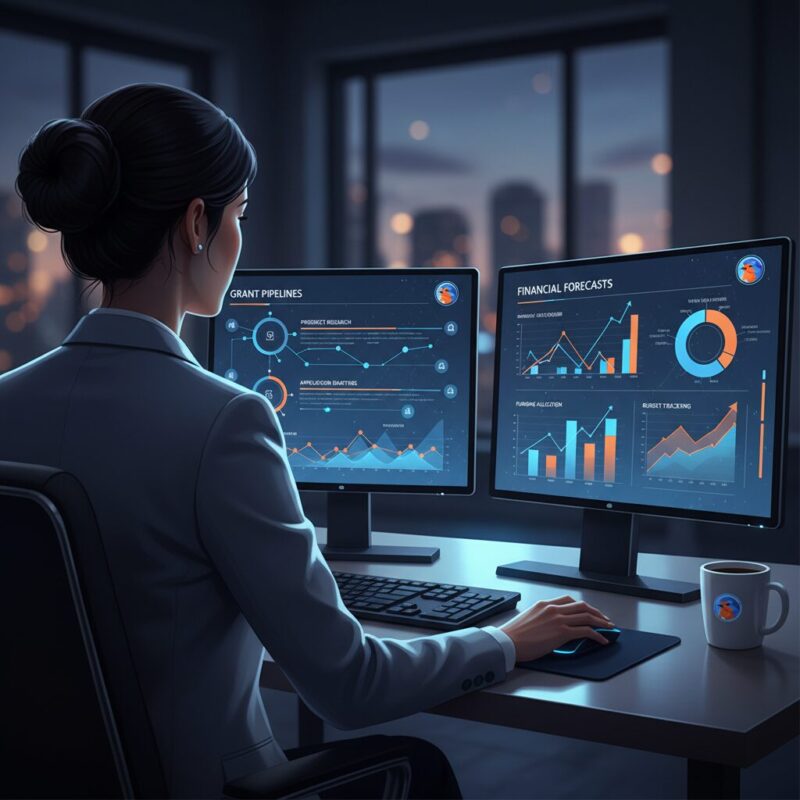 Executive reviewing a glowing digital grant tracking dashboard with financial forecasts and pipeline metrics