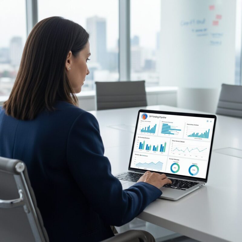 Executive reviewing financial dashboards and funding pipelines on a laptop