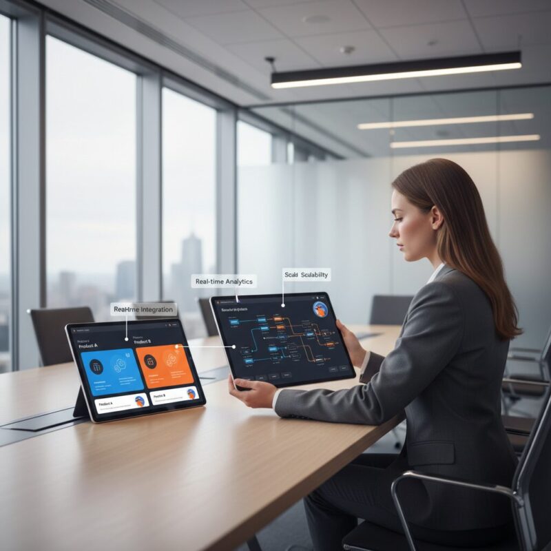 Executive reviewing grant pipeline data on a digital tablet in a modern boardroom